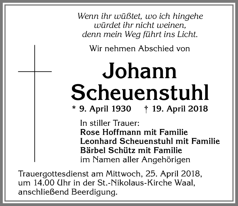 Traueranzeige von Johann Scheuenstuhl von Allgäuer Zeitung, Kaufbeuren/Buchloe