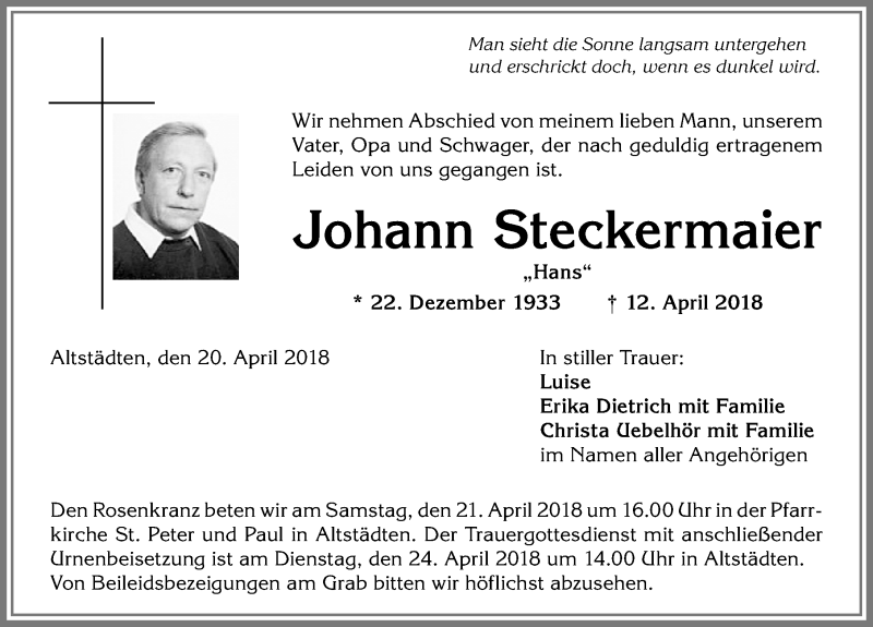 Traueranzeige von Johann Steckermaier von Allgäuer Anzeigeblatt