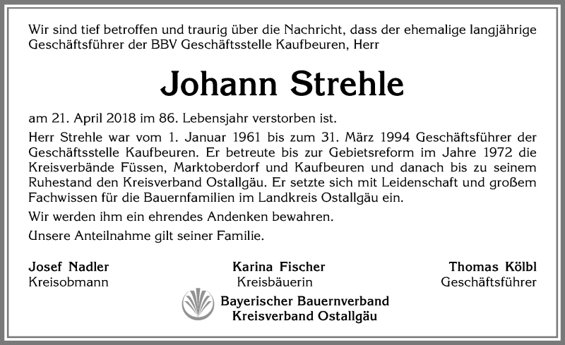 Traueranzeige von Johann Strehle von Allgäuer Zeitung