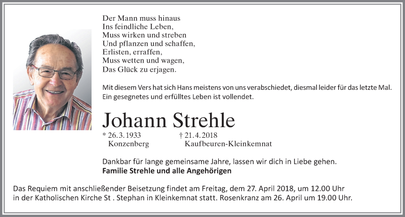 Traueranzeige von Johann Strehle von Allgäuer Zeitung