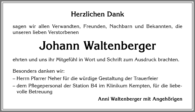 Traueranzeige von Johann Waltenberger von Allgäuer Zeitung,Kempten