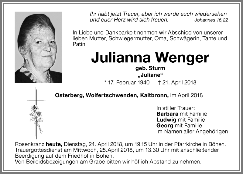 Traueranzeige von Julianna Wenger von Memminger Zeitung