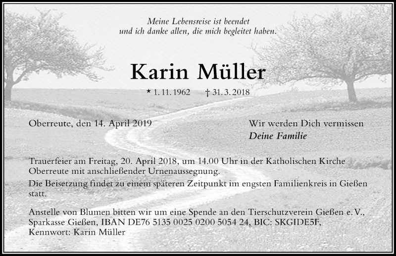  Traueranzeige für Karin Müller vom 14.04.2018 aus Der Westallgäuer