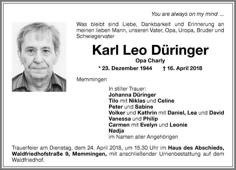 Traueranzeige von Karl Leo Düringer von Memminger Zeitung