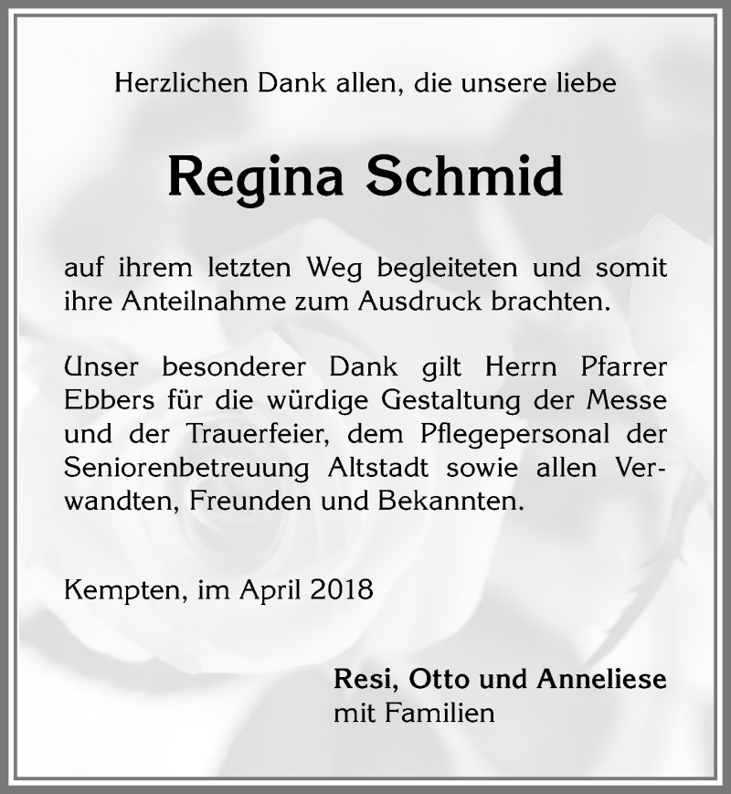 Traueranzeige von Regina Schmid von Allgäuer Zeitung,Kempten