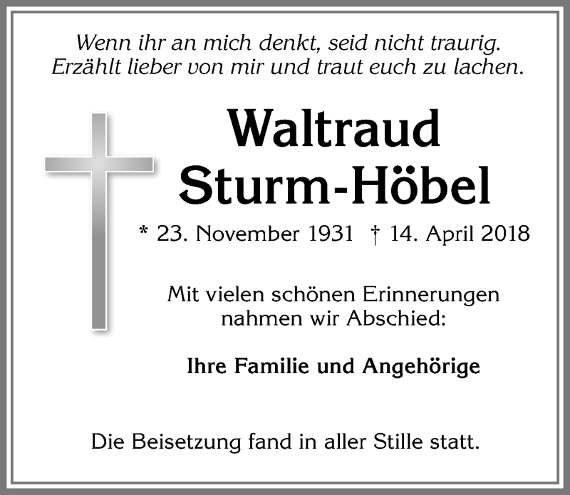 Traueranzeige von Waltraud Sturm-Höbel von Allgäuer Zeitung, Kaufbeuren/Buchloe