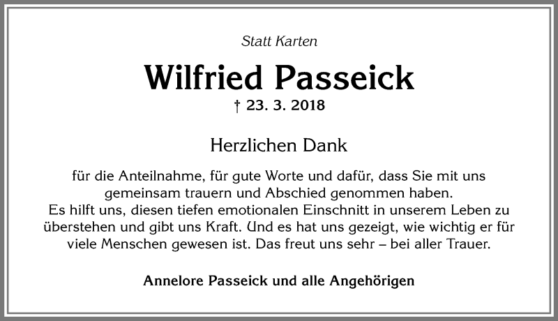 Traueranzeige von Wilfried Passeick von Allgäuer Zeitung,Kempten