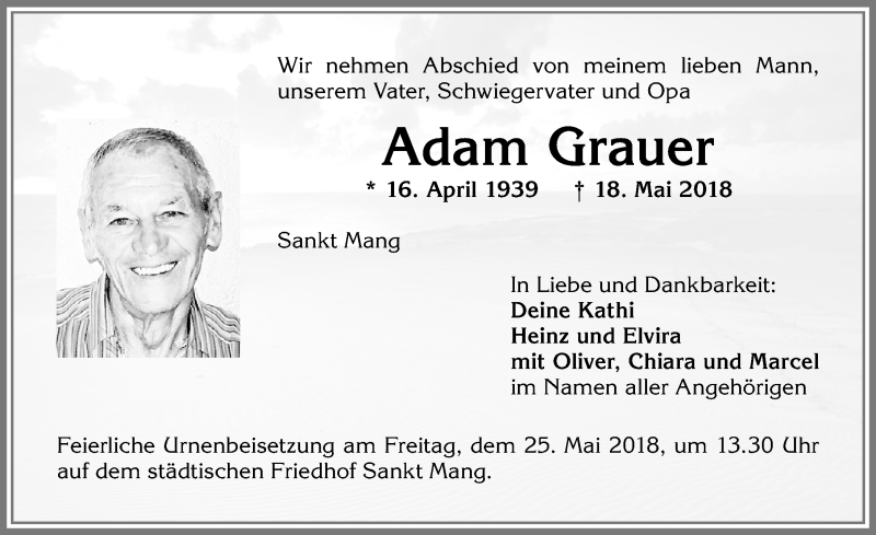 Traueranzeige von Adam Grauer von Allgäuer Zeitung,Kempten