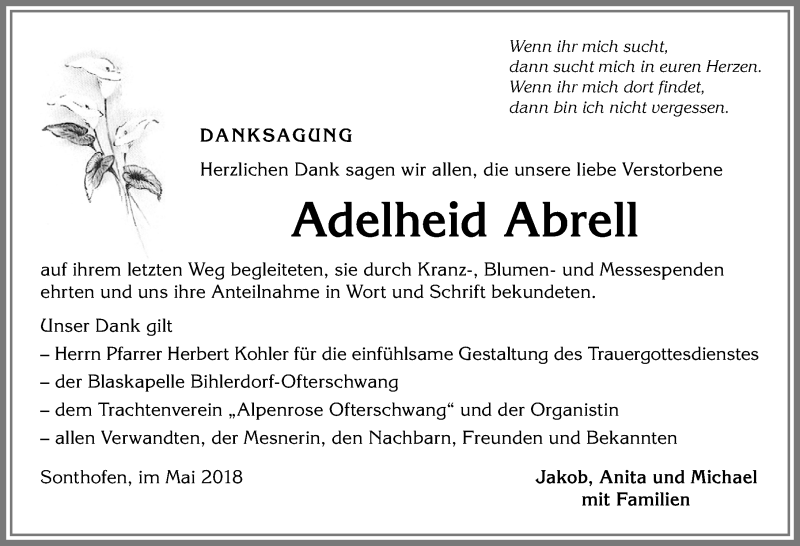 Traueranzeige von Adelheid Abrell von Allgäuer Anzeigeblatt