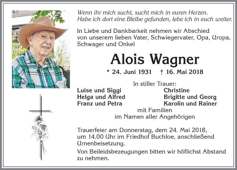 Traueranzeige von Alois Wagner von Allgäuer Zeitung, Kaufbeuren/Buchloe
