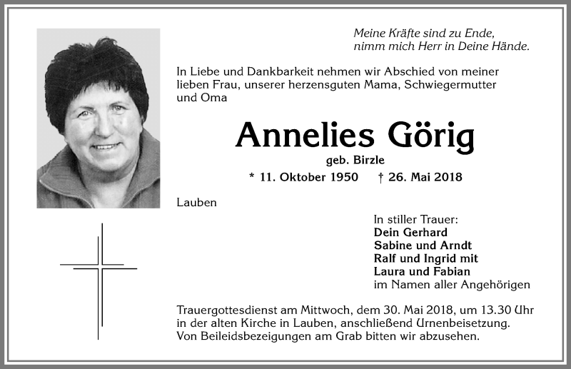 Traueranzeige von Annelies Görig von Allgäuer Zeitung,Kempten