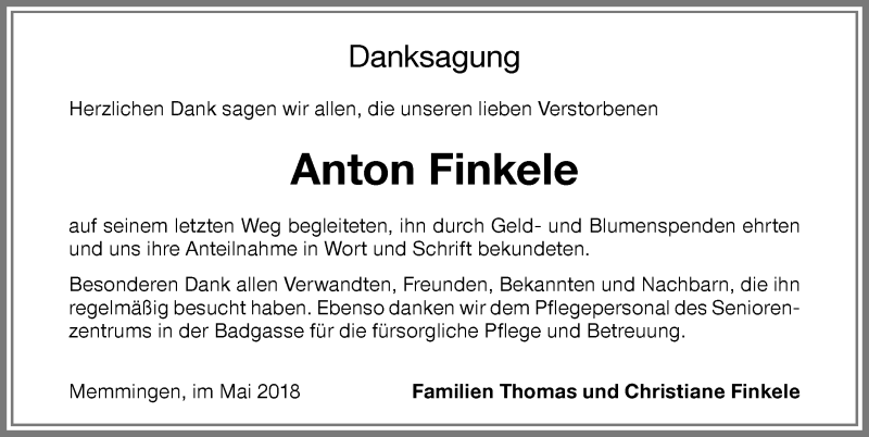 Traueranzeige von Anton Finkele von Memminger Zeitung