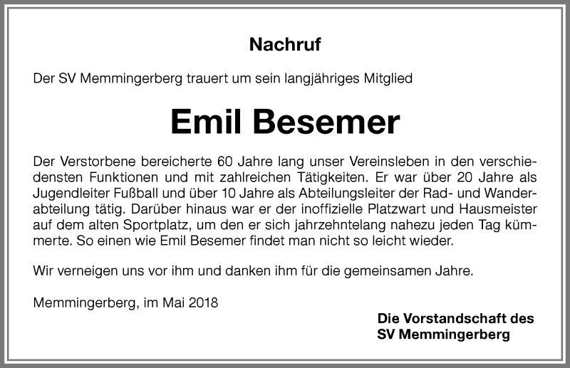 Traueranzeige von Emil Besemer von Memminger Zeitung