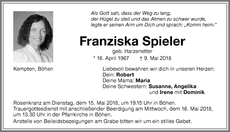 Traueranzeigen von Franziska Spieler | Augsburger Allgemeine Zeitung