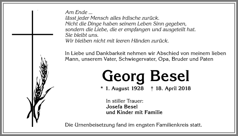 Traueranzeige von Georg Besel von Allgäuer Zeitung, Kaufbeuren/Buchloe
