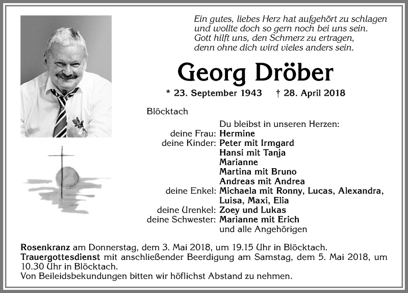 Traueranzeige von Georg Dröber von Allgäuer Zeitung, Kaufbeuren/Buchloe