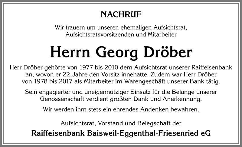 Traueranzeige von Georg Dröber von Allgäuer Zeitung, Kaufbeuren/Buchloe