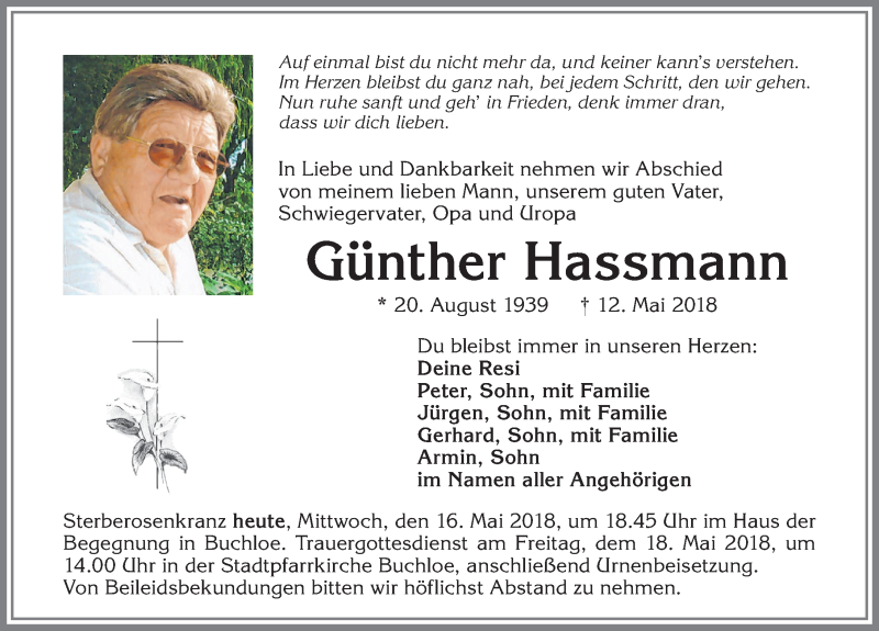 Traueranzeige von Günther Hassmann von Allgäuer Zeitung, Kaufbeuren/Buchloe
