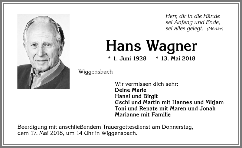 Traueranzeige von Hans Wagner von Allgäuer Zeitung,Kempten