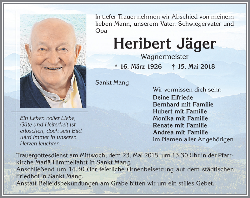 Traueranzeige von Heribert Jäger von Allgäuer Zeitung,Kempten