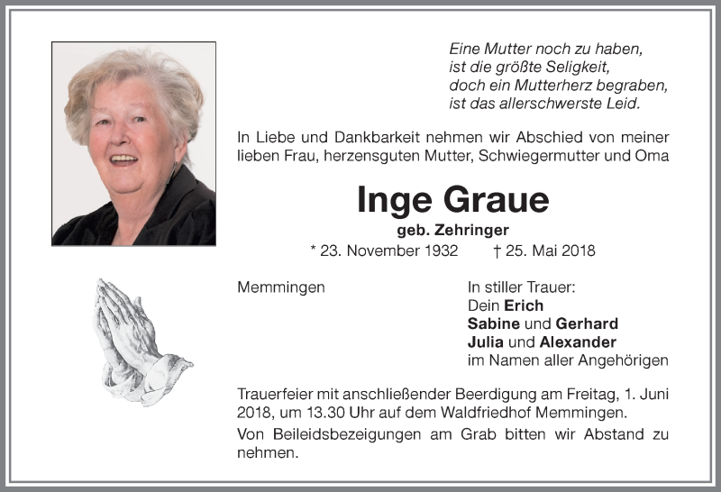 Traueranzeige von Inge Graue von Memminger Zeitung