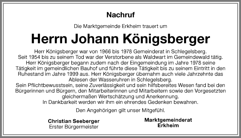 Traueranzeige von Johann Königsberger von Memminger Zeitung