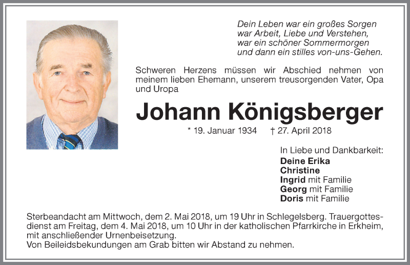 Traueranzeige von Johann Königsberger von Memminger Zeitung