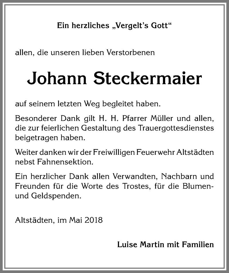 Traueranzeige von Johann Steckermaier von Allgäuer Anzeigeblatt