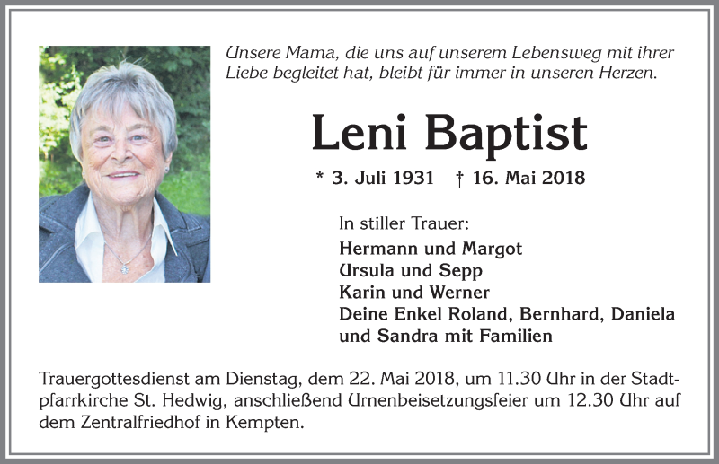 Traueranzeige von Leni Baptist von Allgäuer Zeitung,Kempten