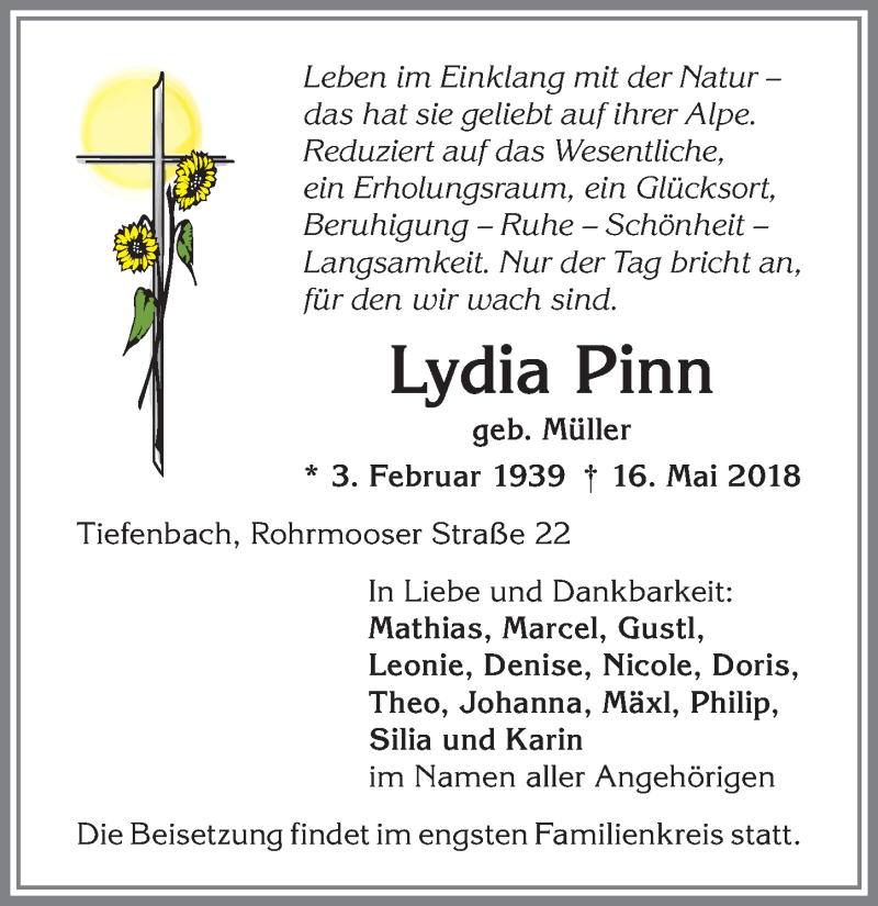 Traueranzeige von Lydia Pinn von Allgäuer Anzeigeblatt
