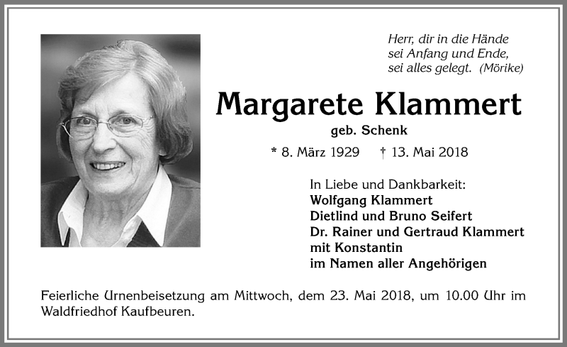 Traueranzeige von Margarete Klammert von Allgäuer Zeitung, Kaufbeuren/Buchloe