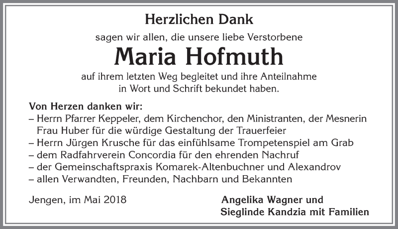 Traueranzeige von Maria Hofmuth von Allgäuer Zeitung, Kaufbeuren/Buchloe