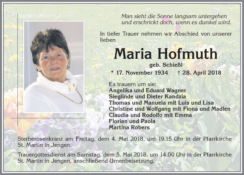 Traueranzeige von Maria Hofmuth von Allgäuer Zeitung, Kaufbeuren/Buchloe