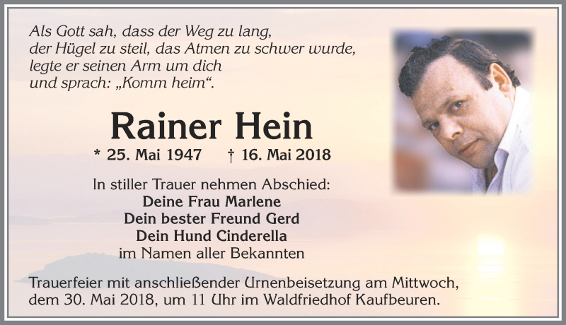 Traueranzeige von Rainer Hein von Allgäuer Zeitung, Kaufbeuren/Buchloe