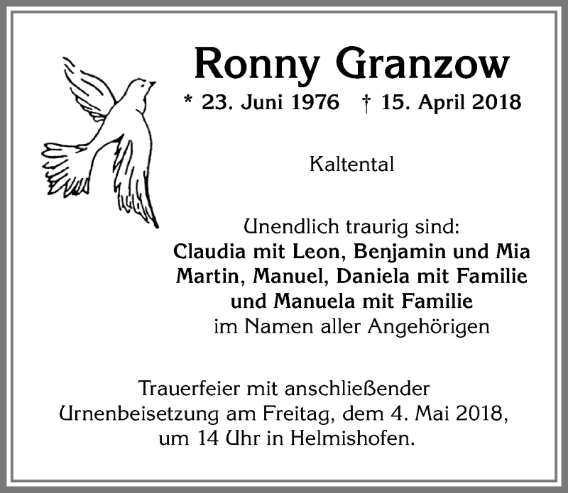  Traueranzeige für Ronny Granzow vom 02.05.2018 aus Allgäuer Zeitung, Kaufbeuren/Buchloe