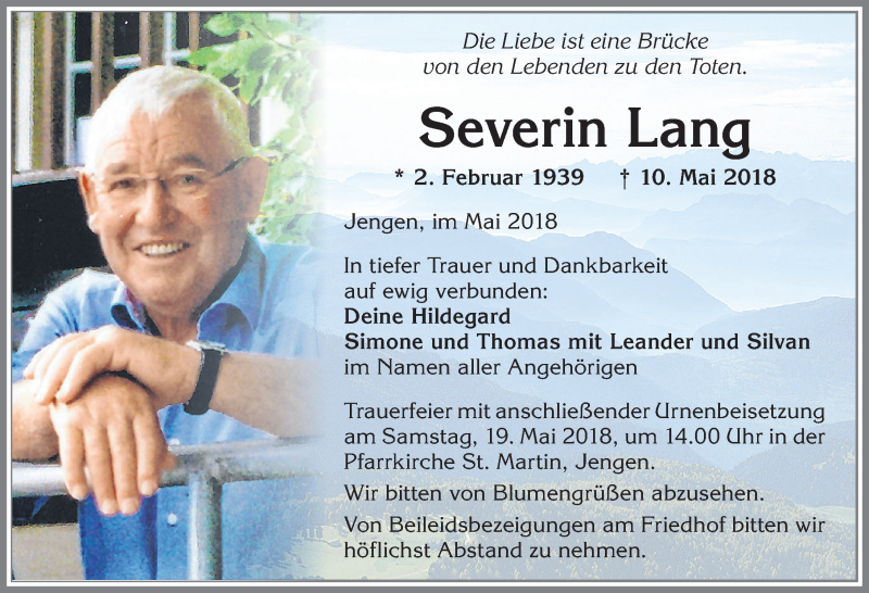 Traueranzeige von Severin Lang von Allgäuer Zeitung, Kaufbeuren/Buchloe