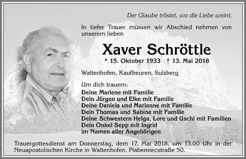 Traueranzeige von Xaver Schröttle von Allgäuer Zeitung,Kempten