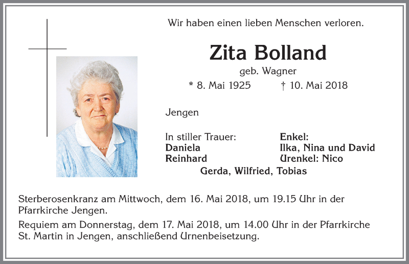 Traueranzeige von Zita Bolland von Allgäuer Zeitung, Kaufbeuren/Buchloe