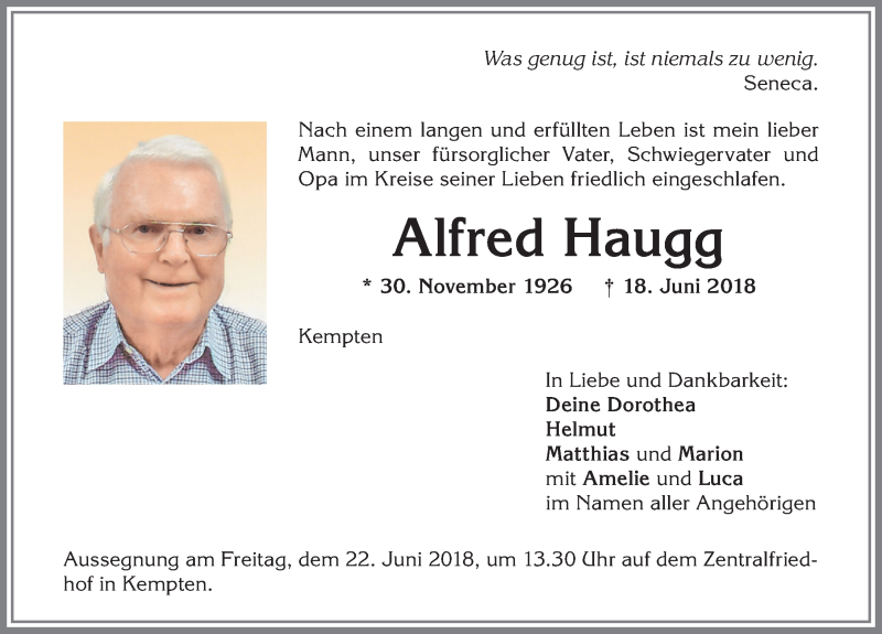 Traueranzeige von Alfred Haugg von Allgäuer Zeitung,Kempten