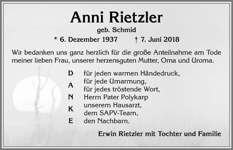 Traueranzeige von Anni Rietzler von Allgäuer Zeitung, Marktoberdorf