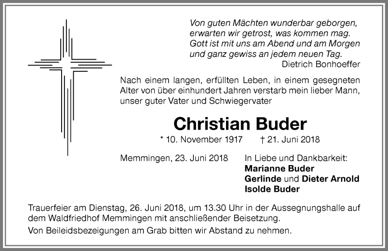 Traueranzeige von Christian Buder von Memminger Zeitung