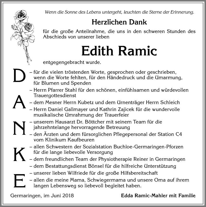 Traueranzeige von Edith Ramic von Allgäuer Zeitung, Kaufbeuren/Buchloe