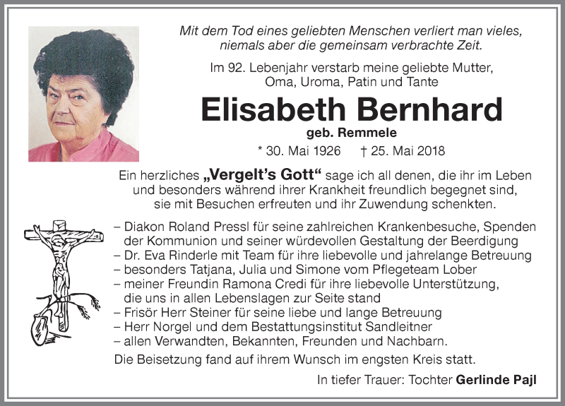 Traueranzeige von Elisabeth Bernhard von Memminger Zeitung