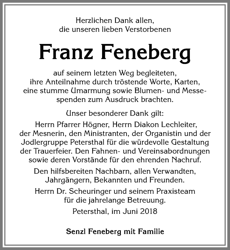 Traueranzeige von Franz Feneberg von Allgäuer Zeitung,Kempten