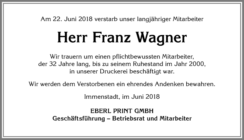 Traueranzeige von Franz Wagner von Allgäuer Anzeigeblatt