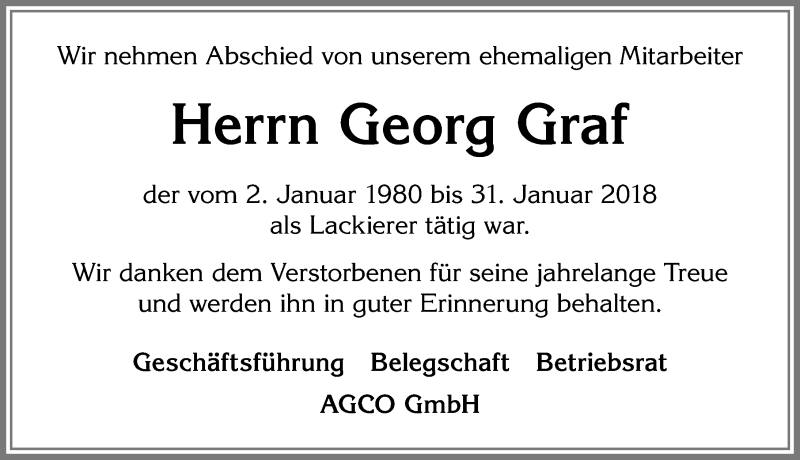 Traueranzeige von Georg Graf von Allgäuer Zeitung, Marktoberdorf