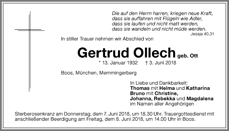 Traueranzeige von Gertrud Ollech von Memminger Zeitung