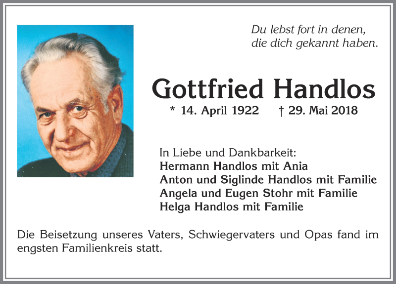 Traueranzeige von Gottfried Handlos von Allgäuer Zeitung, Marktoberdorf