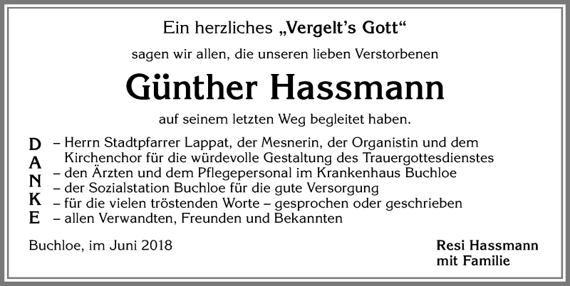 Traueranzeige von Günther Hassmann von Allgäuer Zeitung, Kaufbeuren/Buchloe