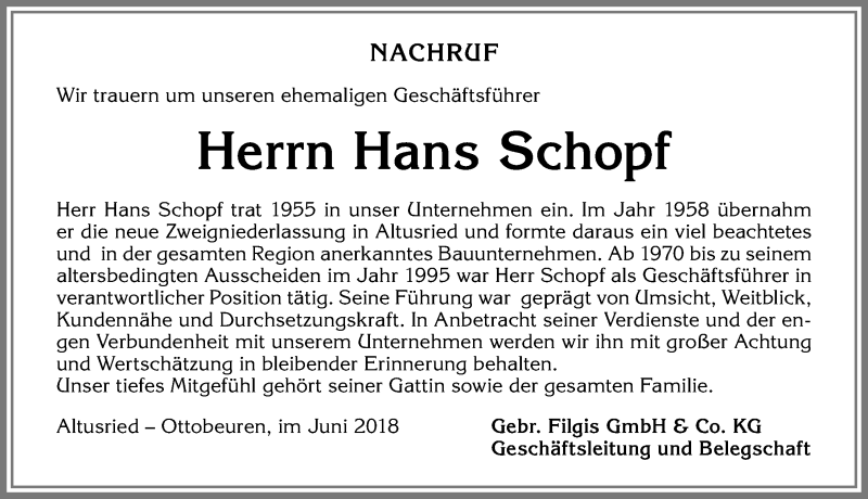 Traueranzeige von Hans Schopf von Allgäuer Zeitung,Kempten